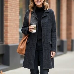 Eileen Fisher Medium $398 Charcoal Gray Wool Blend‎ Longline Button Knit Jacket